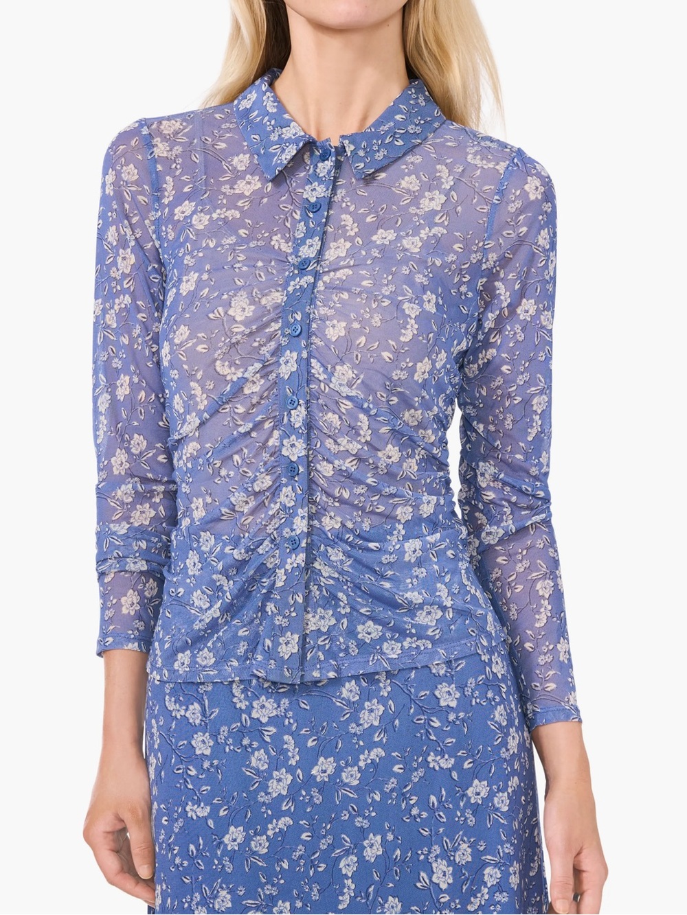 Halogen XS Blue Floral Mesh Ruched Button Front Top